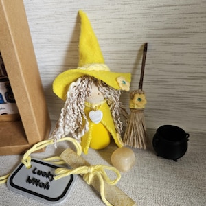 May include: A small doll wearing a yellow felt hat and cape with curly beige hair, a white heart pendant, a miniature broomstick, a black cauldron, a smooth beige stone, and a grey tag with the text Lucky Witch tied with yellow string.