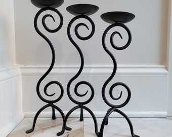 Trio of Two Black Iron Swirl Candle Holders