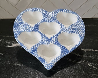 Sweet Blue Sponge Ceramic Heart Shaped Muffin Pan - Vintage Bake ware