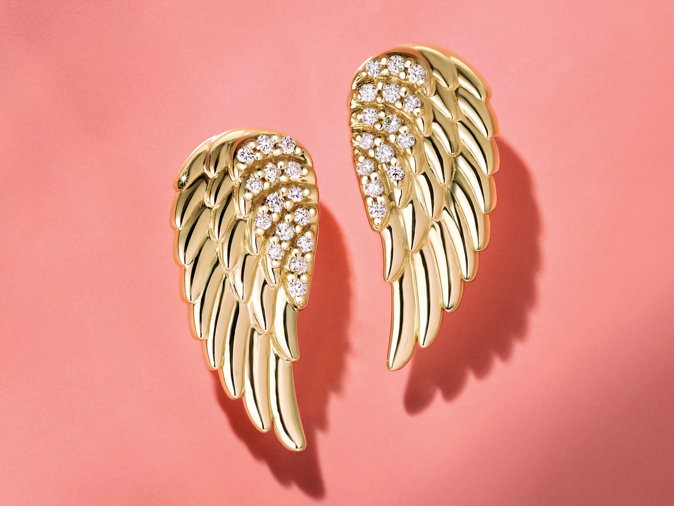 Pave Diamond Angel Wing Stud Earrings in 14K Yellow Gold