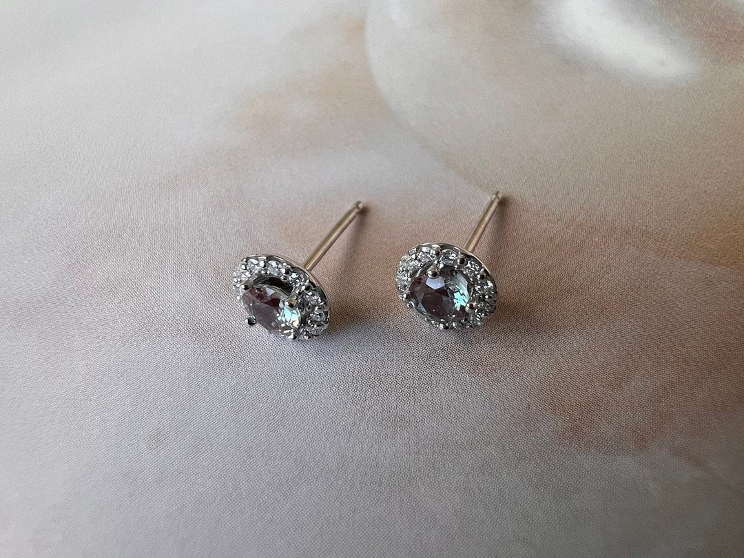 Natural Alexandrite Stud Earrings With Diamonds, 14K Gold Stud Earrings
