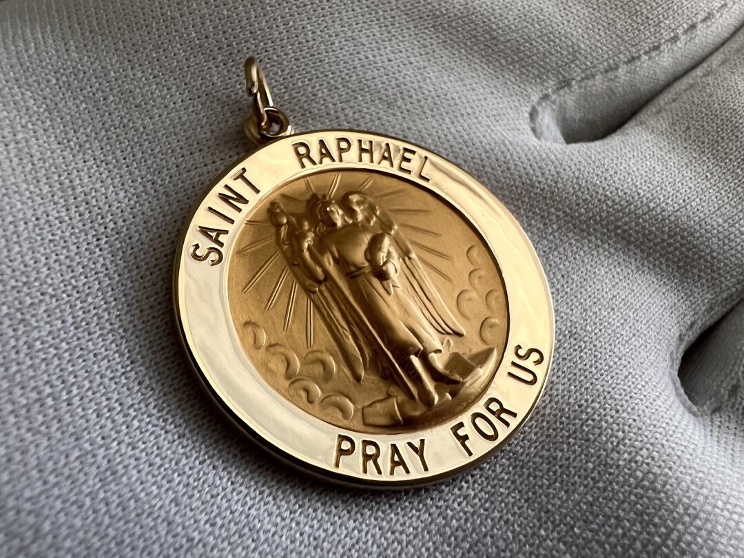 14k Gold St Raphael Medal Pendant, Round Saint Raphael Medal Gold, Gold