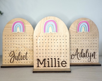 Personalized Stud Earring Holder with Rainbow,  Earring Organizer, free-standing, Cute custom earring display, Name earring stand