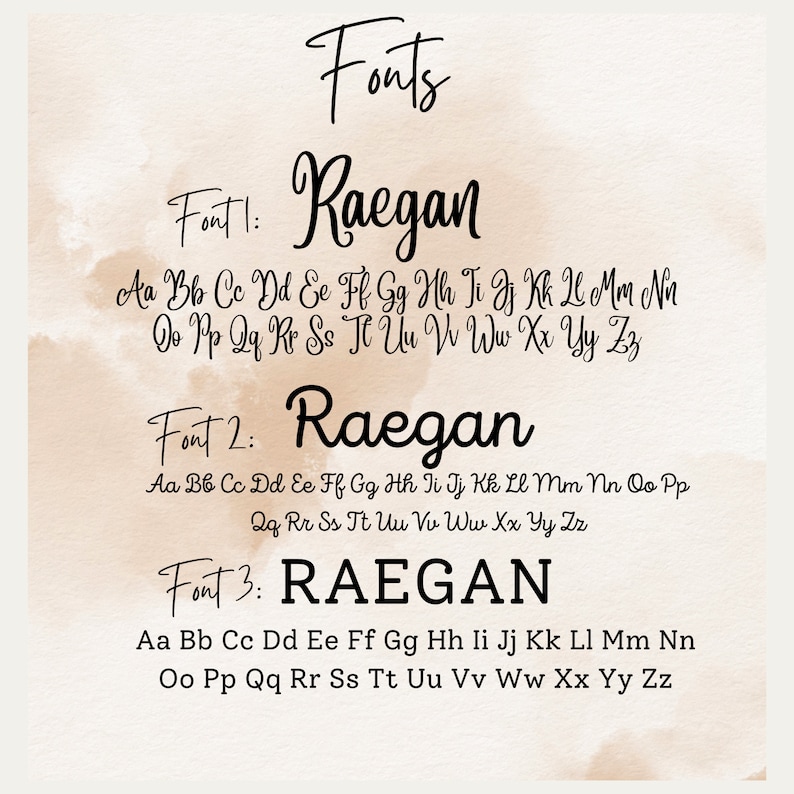 May include: Image showing three different fonts for the name Raegan. The first font is a cursive script, the second is a slightly more formal cursive script, and the third is a bold, blocky font. The alphabet is shown for each font.