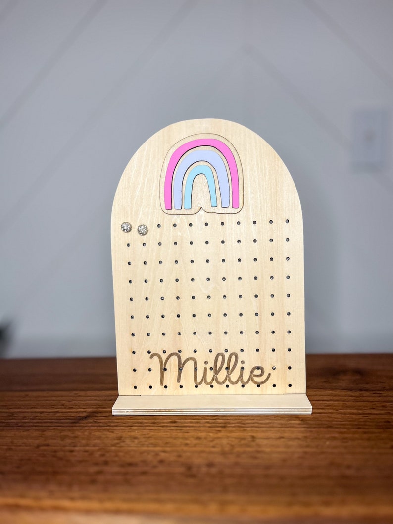 Retro Personalized Earring holder with Pastel rainbow and name