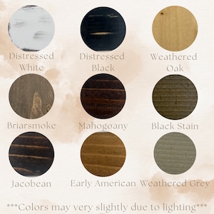 Pu&ograve; includere: Una tavolozza di colori con nove campioni di legno circolari con finiture diverse. I campioni includono Bianco anticato, Nero anticato, Rovere invecchiato, Briarsmoke, Mogano, Macchia nera, Jacobean, Early American e Grigio invecchiato. Il testo in basso recita: "I colori possono variare leggermente a causa dell'illuminazione."