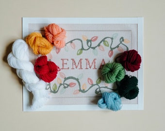 Twinkling Lights Personalized Christmas Stocking Cuff | Modern Needlepoint Topper Kit