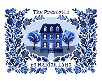 Delft House Sampler | Personalized Needlepoint Canvas with Last Name | New Home Gift | Family Keepsake