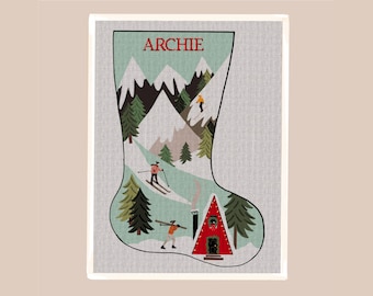 Ski Slopes Needlepoint Christmas Stocking, Ski Resort, Modern Personalized Stocking Canvas, DIY Stitching Kit