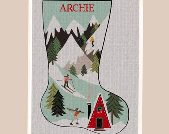 Ski Slopes Needlepoint Christmas Stocking Kit, Modern Personalized Design