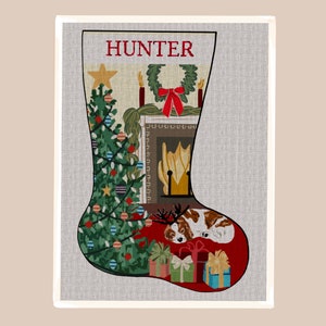 Cozy Hearth Needlepoint Christmas Stocking, Dog with Fireplace, Modern Personalized Stocking Canvas, DIY Stitching Kit