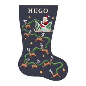 Santa’s Flight Personalized Christmas Stocking Kit | Modern Needlepoint Canvas