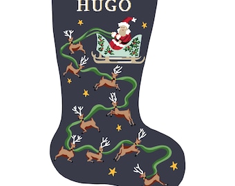 Santa’s Flight Personalized Christmas Stocking Kit | Modern Needlepoint Canvas