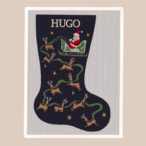 Santa’s Flight Needlepoint Christmas Stocking Kit, Modern Personalized Design
