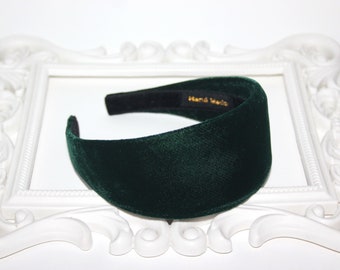 Dark Green silk velvet headband - Adjustable hair band for medium and large head size
