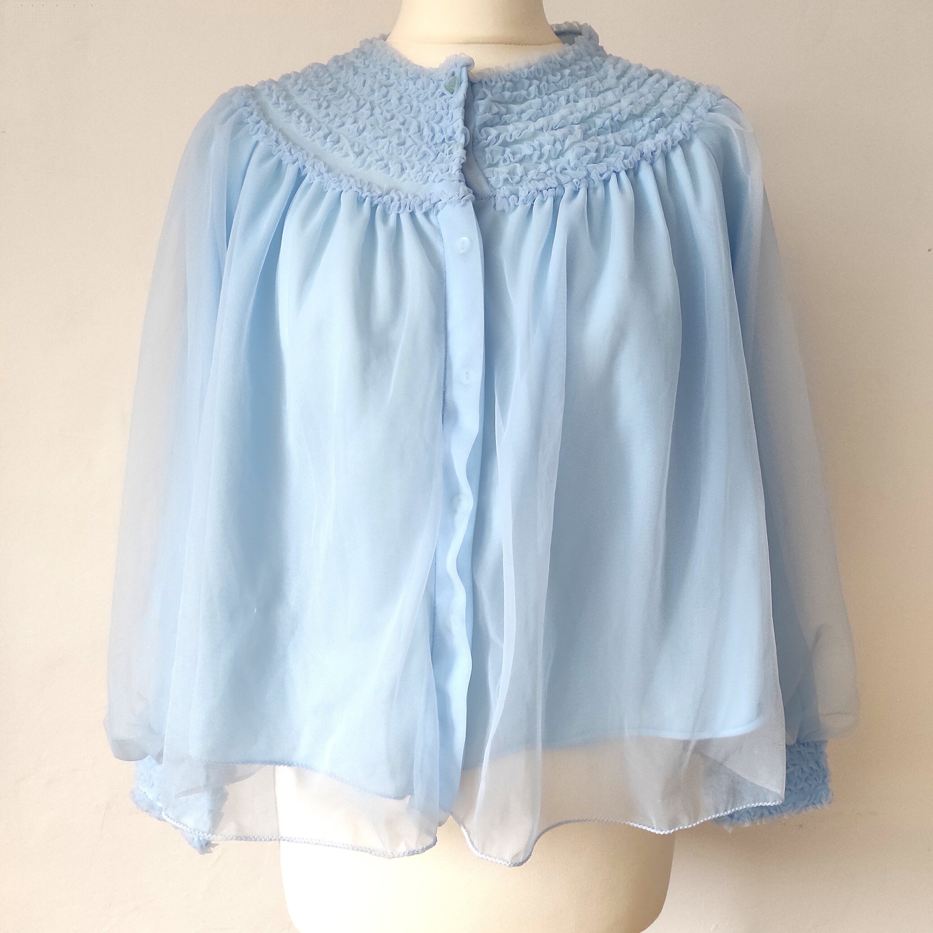 Vintage 1960s blue bed jacket nylon babydoll sleepwear nylon robe