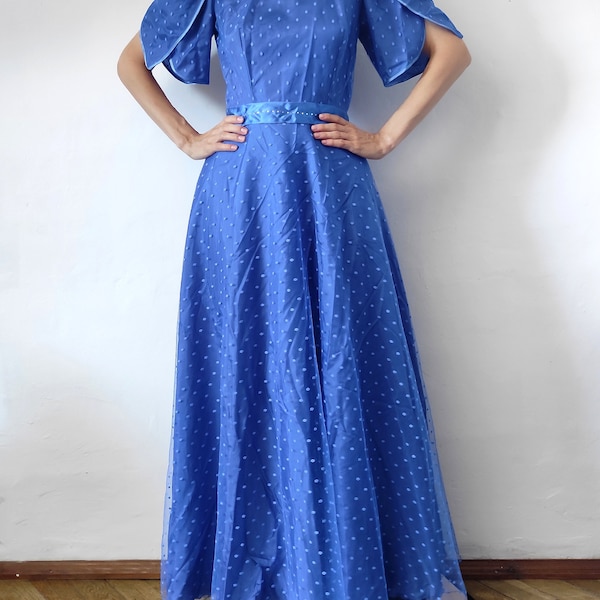 Abito vintage in tulle anni '70, blu, maxi lungo, a pois, maniche a sbuffo, piccolo