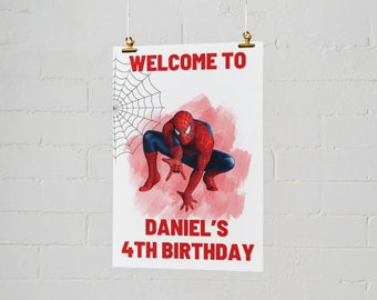 Children's Birthday Party Digital Welcome Sign Canva Template, Spider theme, Red, Birthday Banner, Custom, Made To Order, Printable, Party