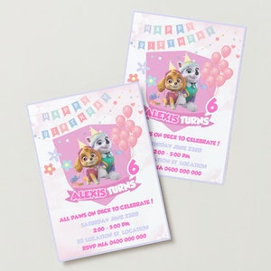 Children’s Party Digital Invitation Canva Template, Pink and Purple Pups, Customisable Invitation Template, Digital Download, Girl Birthday