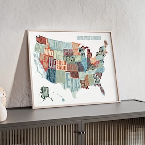 Mapa dos Estados Unidos, mapa dos EUA, pôster do mapa dos EUA, mapa da América, impressão do mapa dos EUA, arte da parede do mapa, pôster do mapa dos Estados Unidos, mapa de viagem, 50 estados