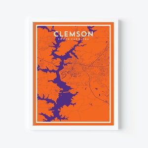 Clemson SC Map Print Poster, College Town Print, Clemson SC Art Poster, Clemson Tigers, College Décor, College Gift, Dorm Room Wall Décor