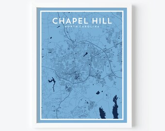 Mapa Chapel Hill NC, wydruk artystyczny: dekoracja miasta uniwersyteckiego UNC