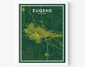 Könnte beinhalten: Eine Karte von Eugene, Oregon, in Grün und Gelb. Die Stadt ist in Gelb umrandet, Straßen und Wege sind in gelben Linien dargestellt. Der Hintergrund ist dunkelgrün.