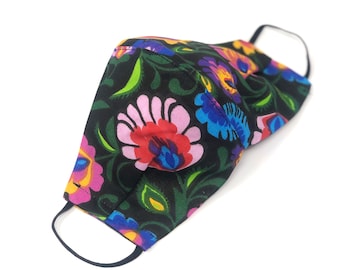 Black Floral Folk Triple Layer Face Mask With No Nose Wire Filter pocket and 2 filters | Handmade in the UK, Washable, Reusable Face Masks