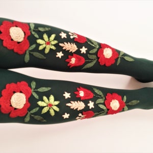 Tights For Women. Green Opaque Embroidered Spandex Lolita Flowers Tights. Christmas Gift.