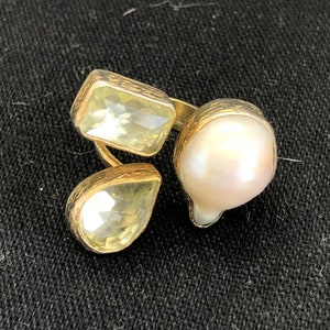 Vintage - Perle und Zitronenkristall (Zitronenquarz) Dreifachring - 925 Silber, 22K Vermeil