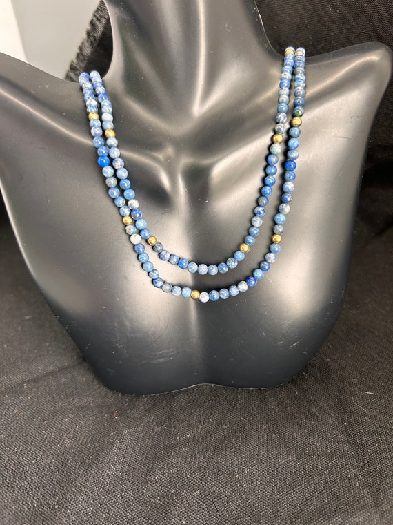 Lapis  4mm Bead Necklace with Goldtone Accents & C