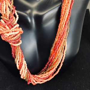 13 Strand - Seed Beed Necklace - Shades of Coral, Orange and Gold