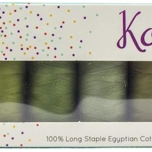 May include: A box of 8 spools of Konfetti 50wt Egyptian Cotton thread. The spools are in shades of green and yellow. The box has a confetti pattern and the text "Konfetti 50wt Egyptian Cotton" and "WONDERFIL SPECIALTY THREADS".