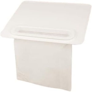 May include: White plastic laundry detergent dispenser with a built-in lid and a removable fabric bag.
