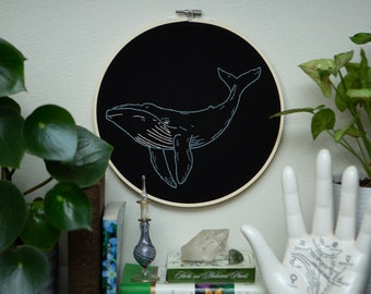 Hand-stitched Great Blue Whale Embroidery Hoop Art Decor