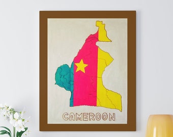 Cameroon's map wall decor, digital print art (brown border)