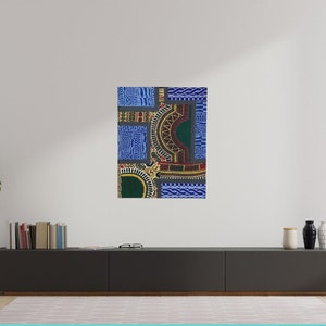 May include: A colorful abstract art print featuring a patchwork of geometric shapes and patterns in shades of blue, green, yellow, red, and white.