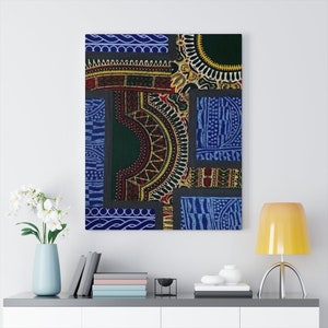 May include: A colorful abstract wall art print featuring a geometric pattern with blue, green, red, yellow, and black colors.