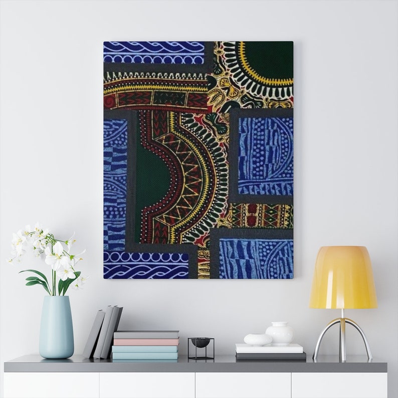 May include: A colorful abstract wall art print featuring a geometric pattern with blue, green, red, yellow, and black colors.