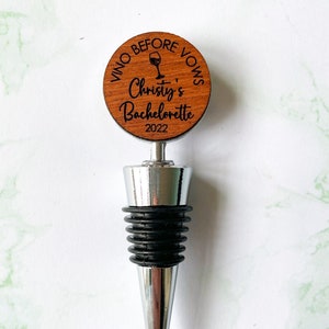 vino before vows bachelorette party favors, personalized wine stopper, custom engraved wine bottle stopper, engagement gift wine stopper