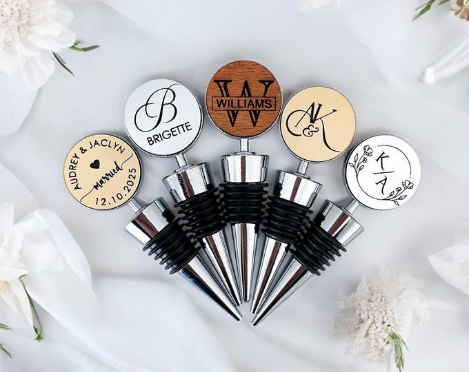 personalized wine stopper wedding gift for couple, custom wine stopper wedding favor, engagement gift, newlywed gift, anniversary gifts