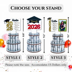Graduation money holder size comparison showing three stand styles with exact height measurements. Displays approximate height between 8.8 and 9.2 inches. Please note size before ordering. Holds US dollar bills only. Personalized Class of 2026 graduation gift.