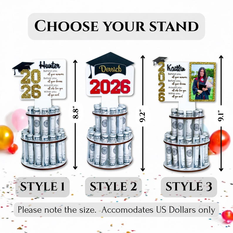 Graduation money holder size comparison showing three stand styles with exact height measurements. Displays approximate height between 8.8 and 9.2 inches. Please note size before ordering. Holds US dollar bills only. Personalized Class of 2026 graduation gift.