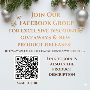 May include: A promotional image with text inviting viewers to join a Facebook group for exclusive discounts, giveaways, and new product releases. Includes a QR code to scan and a link to the Facebook group. The image is decorated with Christmas ornaments and greenery.