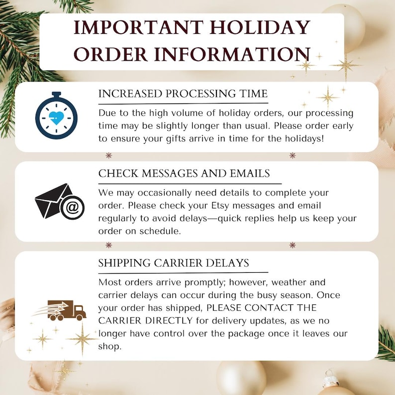 Important holiday order information from Jazzy Jade Designs — includes details on processing times, message response reminders, and carrier delay notices. Encourages early ordering for personalized Christmas ornaments and gifts to ensure on-time holiday delivery.