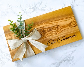 personalized olive wood cutting board charcuterie board, last name gifts for bride, realtor closing gift for clients, Christmas gifts for