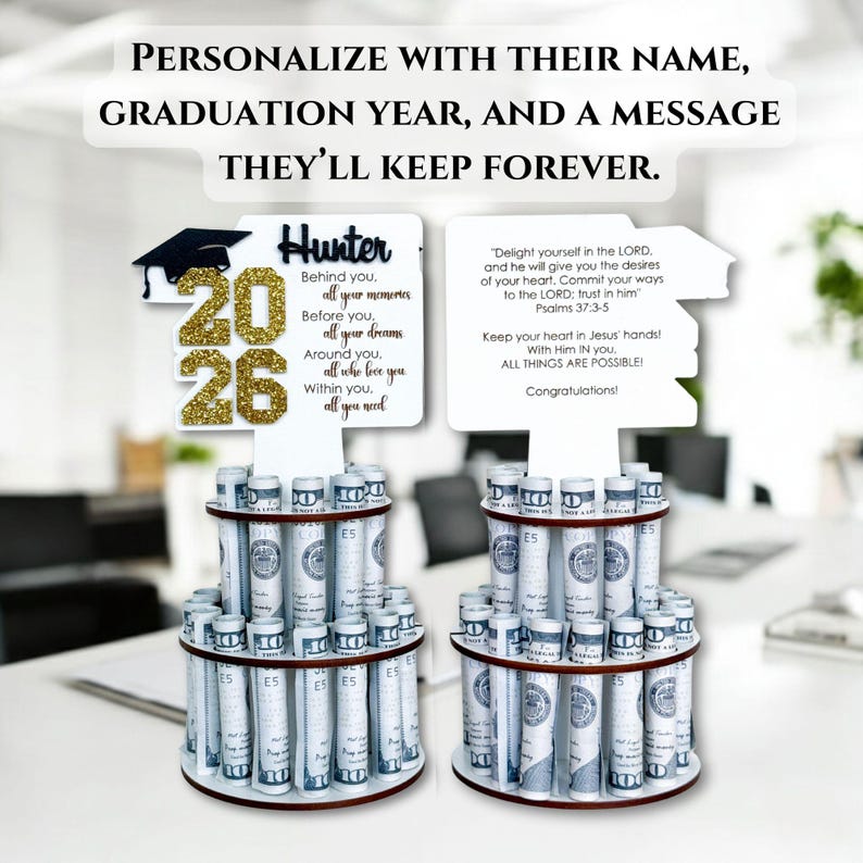 Back side of personalized graduation money holder showing custom message engraving option. Wooden graduation money tree gift for Class of 2026 with rolled cash slots. Graduation decorations Class of 2026 and meaningful keepsake cash gift.