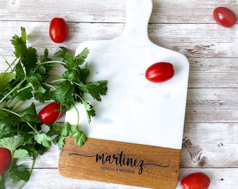 personalized charcuterie board wedding gift for couple, custom white marble cheese board with handle, new home gift for family, realtor