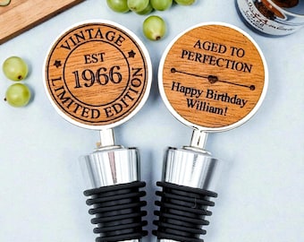 Regalo personalizado de 60 cumpleaños para hombre, regalo de feliz cumpleaños para mujer, tapón de vino personalizado, regalos de vino, añejado a la perfección, cosecha 1966