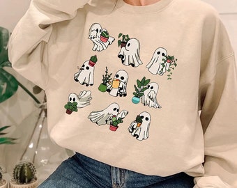 Halloween Plant Lady Shirt, Funny Plant Ghost Sweatshirt, Plant Lover Gift, Ghost Crewneck Sweatshirt, Spooky Gardener Shirt